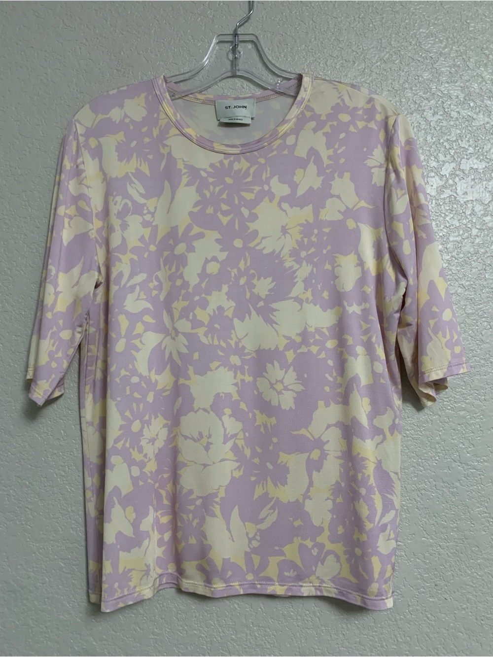 St John Tee Top Womens L Floral Short Half Sleeve Crew Stretch Luxury Resort